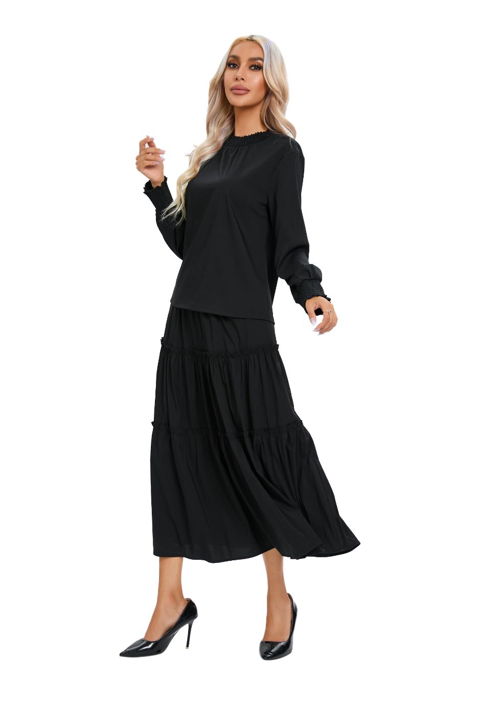 Long Sleeve Top and Tiered Skirt Midi Dress Set - figaliciousfood