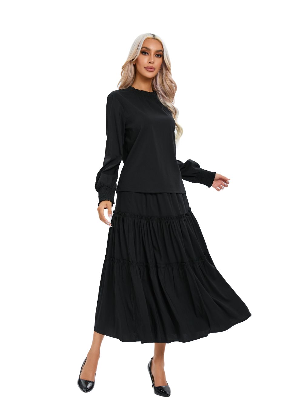 Long Sleeve Top and Tiered Skirt Midi Dress Set - figaliciousfood