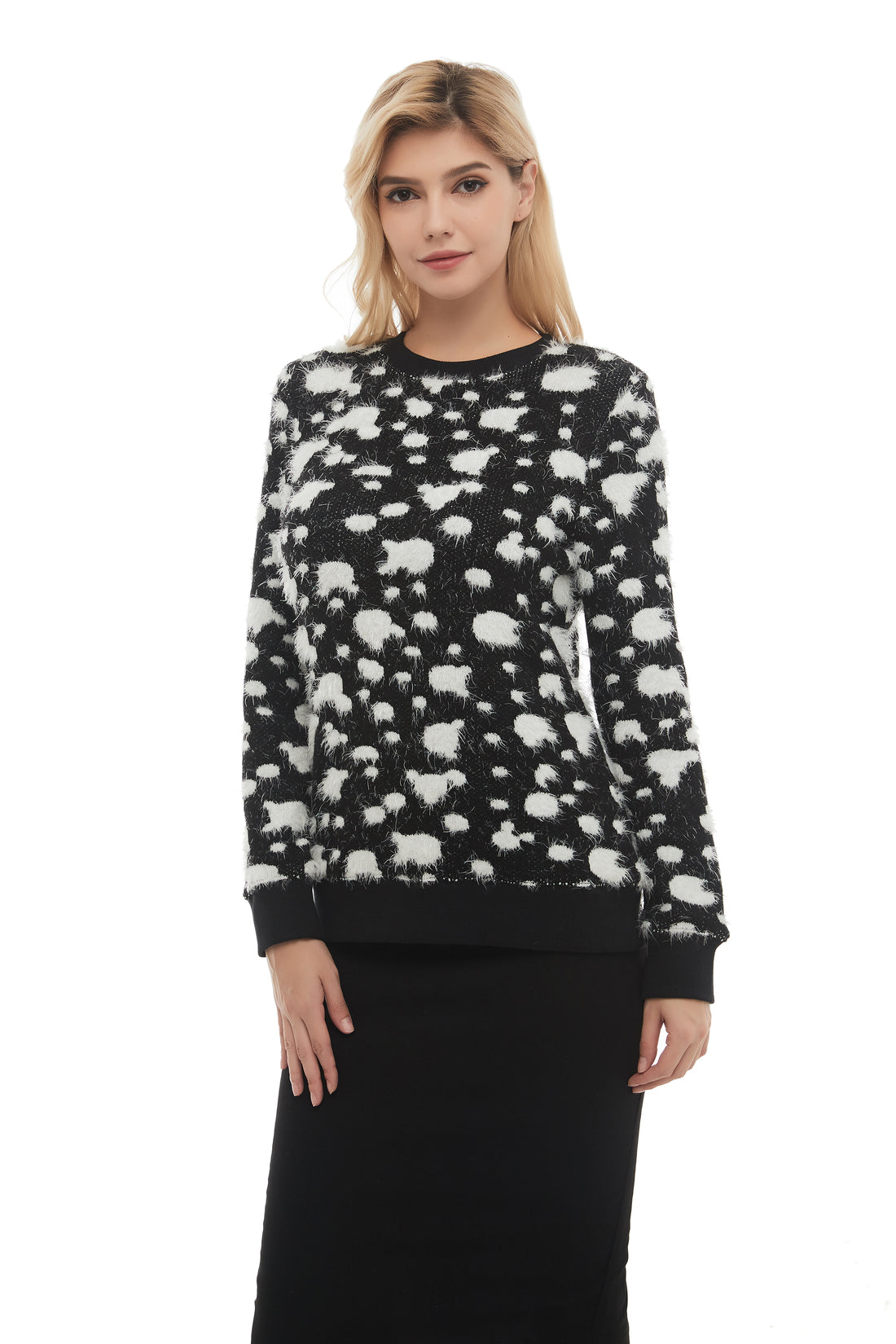 Long Sleeve Modest Mohair Black & White Sweater Top - figaliciousfood