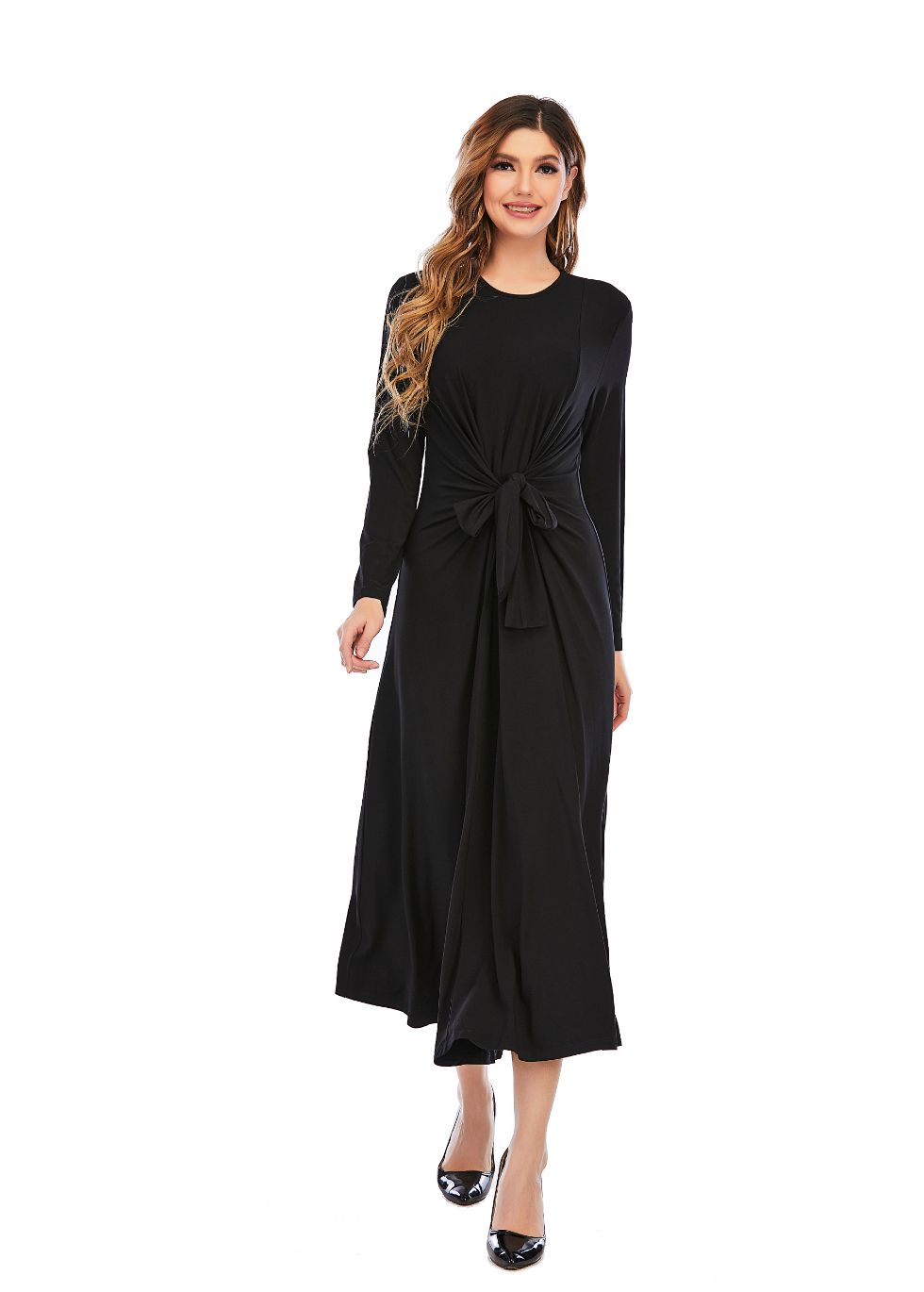 Long sleeve Knit Tie Front Midi Dress - figaliciousfood