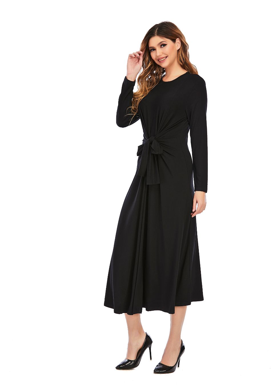 Long sleeve Knit Tie Front Midi Dress - figaliciousfood