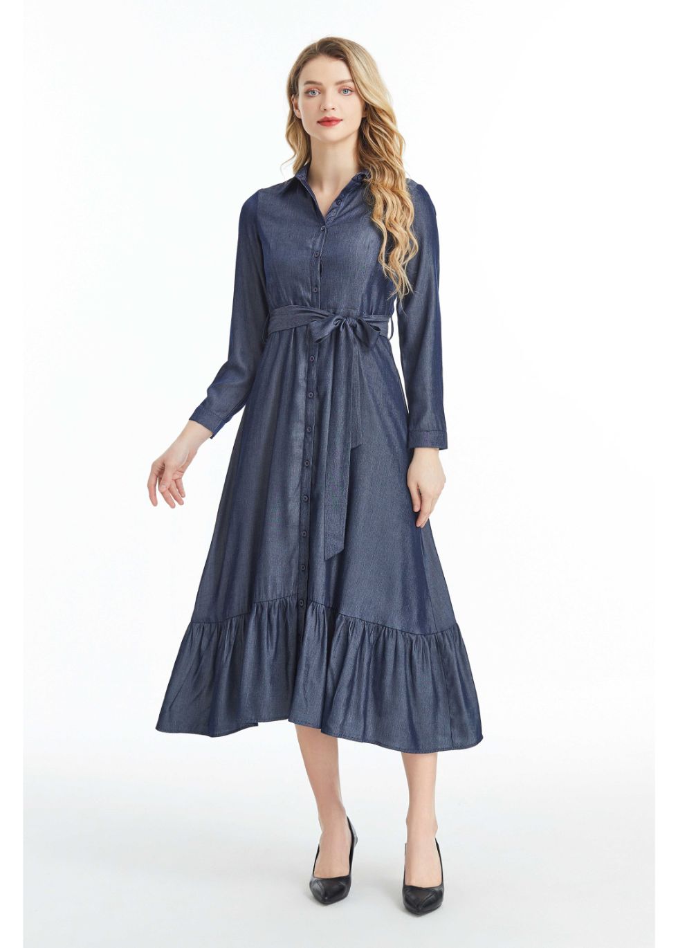 Denim Look Midi Dress with Cuffed Sleeves - figaliciousfood