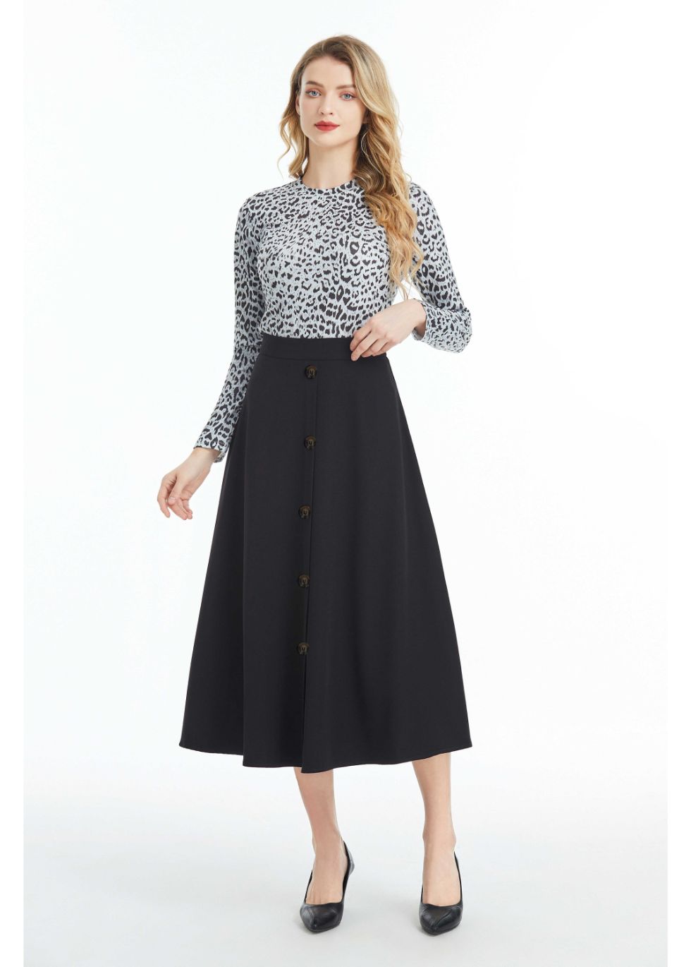 Fully Lined Black Midi Skirt with Front Button Detail - figaliciousfood