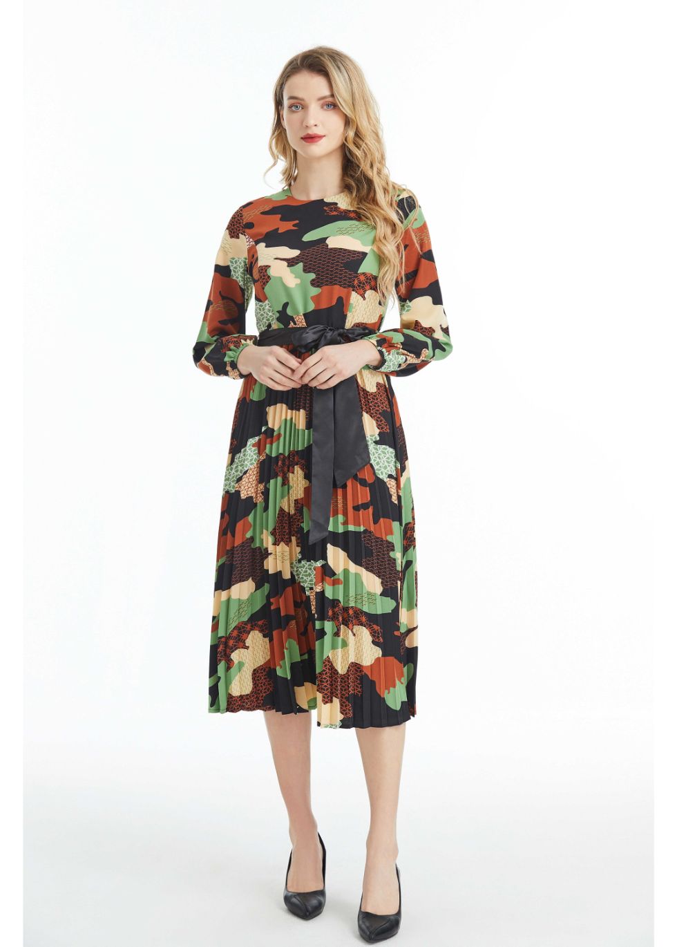 Long Sleeved Belted Colorful Print Midi Dress - figaliciousfood